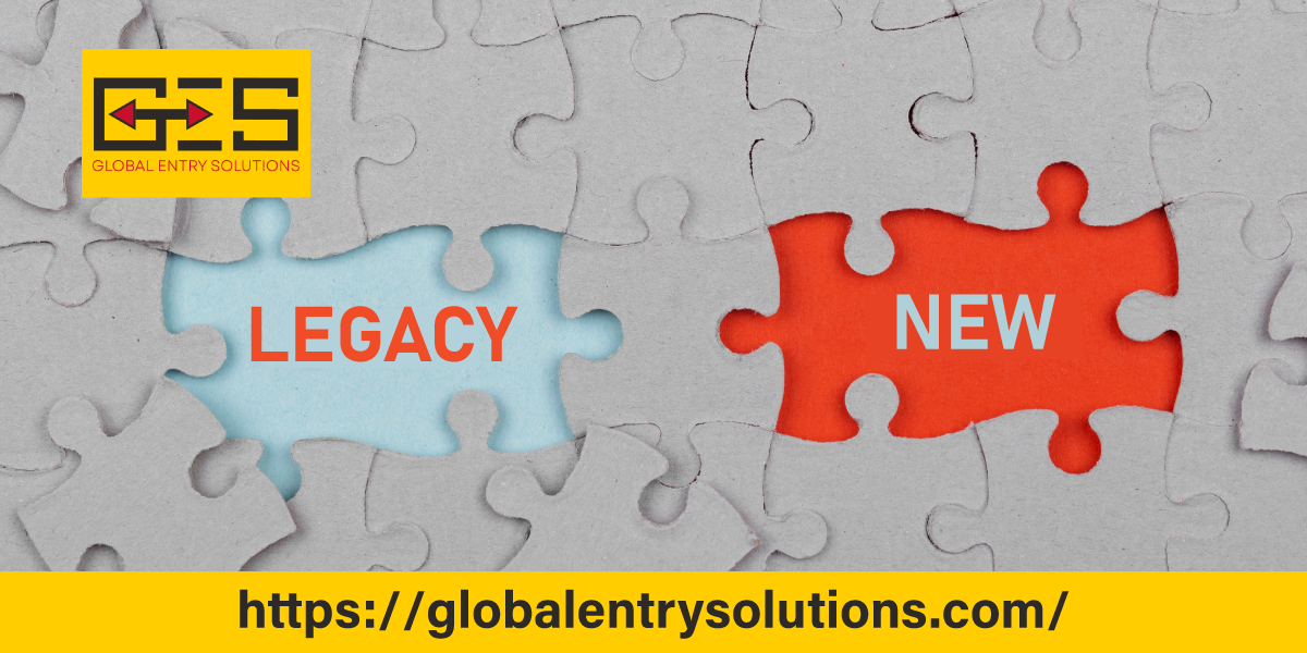 Gray puzzle pieces revealing the words 'Legacy' on a blue background and 'New' on a red background symbolizing the contrast and comparison between legacy and new visa reconsideration requests