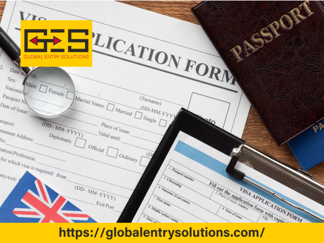 Close-up of visa application forms, passports, a magnifying glass, and a flag symbolizing the UK visa reconsideration process