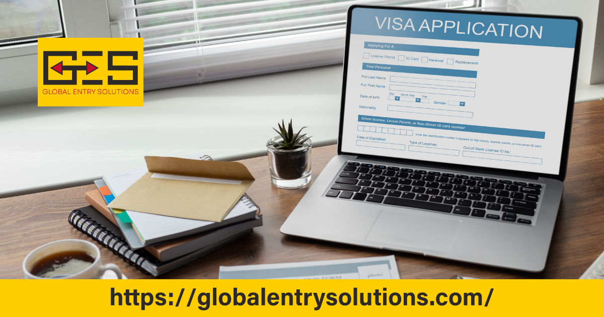 Workspace with a laptop displaying a visa application form symbolizing the H-1B visa employer sponsorship process