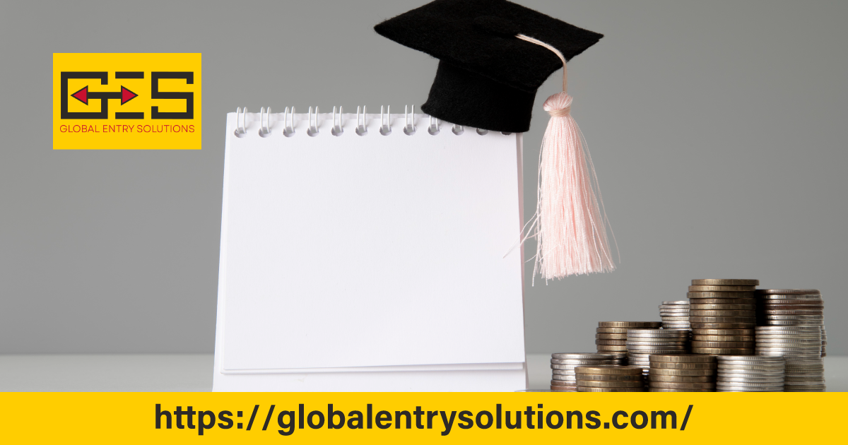 A graduation cap on a notebook beside stacked coins symbolizing the financial planning involved in securing an education loan for studying in Canada